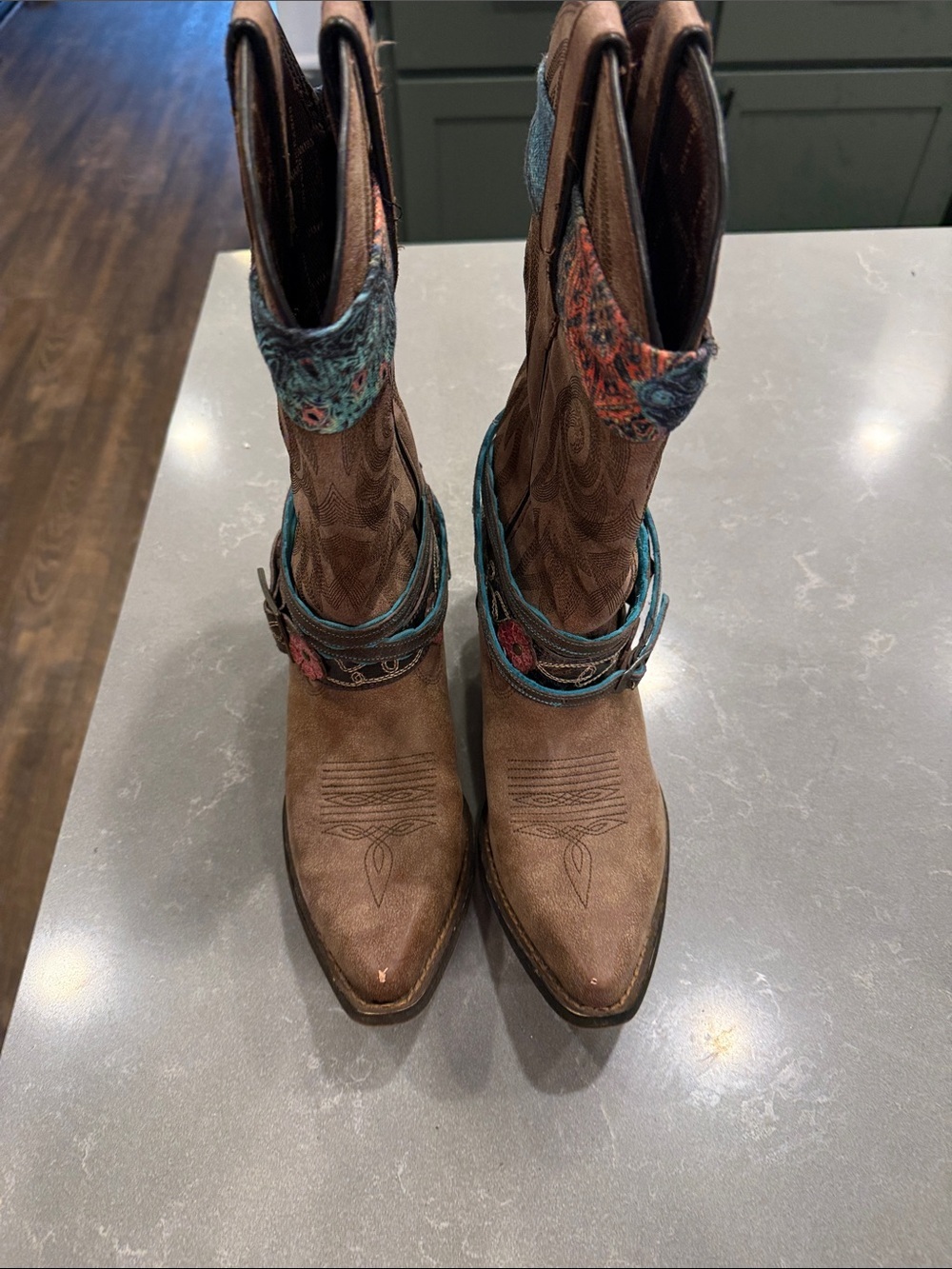 Durango Brown Western Boots with Turquoise & Coral Accents - Picture 6 of 8